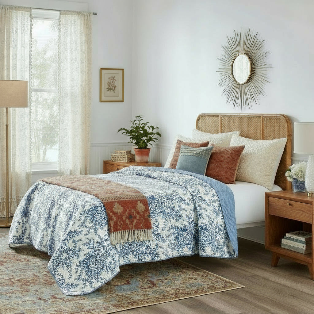 Full/Queen 3 Piece Bed In A Bag Reversible Blue White Floral Cotton Quilt Set-0