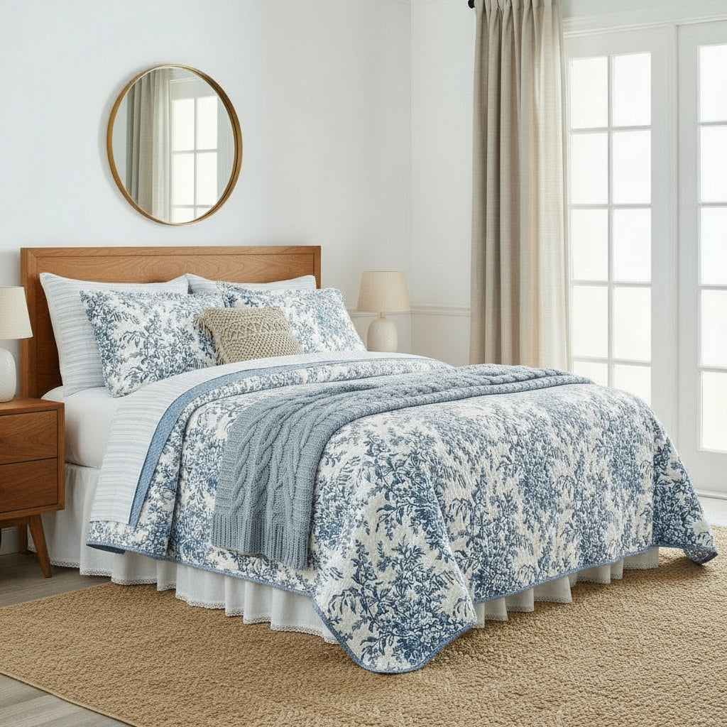 Full/Queen 3 Piece Bed In A Bag Reversible Blue White Floral Cotton Quilt Set