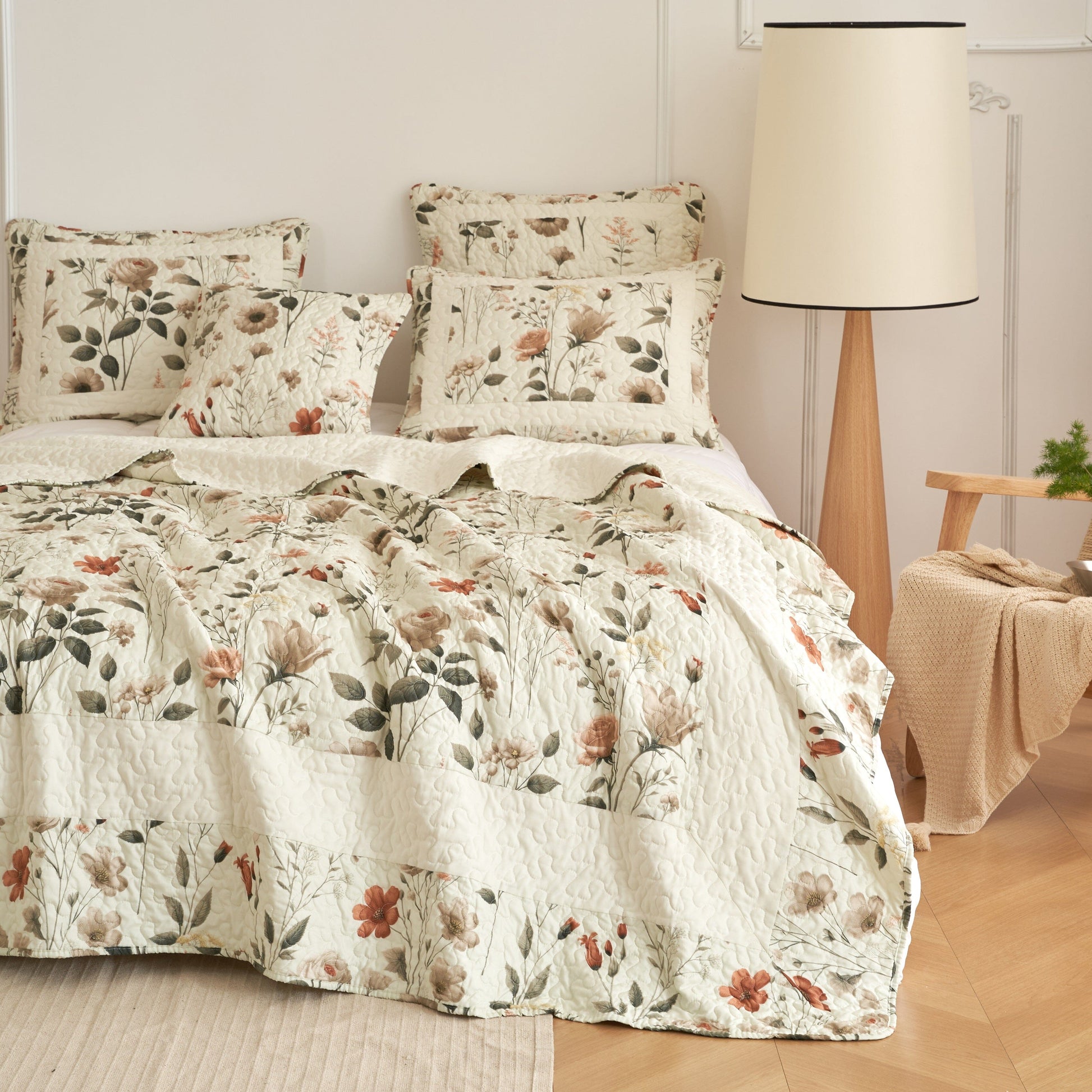 DaDalogy Enchanted Meadow Quilt Set - Victoria Garden Delicate Floral Symphony in Beige, Rose, and Soft Green, Luxuriously Soft Quilted Bedspread Set-3