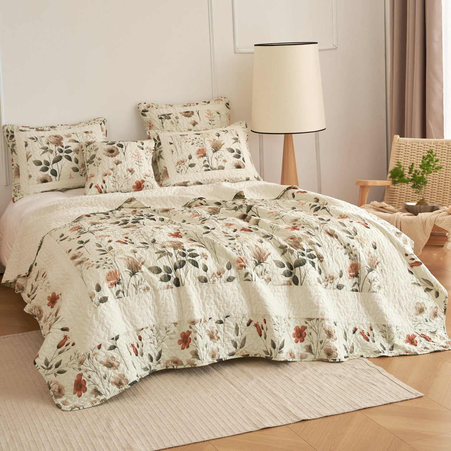 DaDalogy Enchanted Meadow Quilt Set - Victoria Garden Delicate Floral Symphony in Beige, Rose, and Soft Green, Luxuriously Soft Quilted Bedspread Set-4