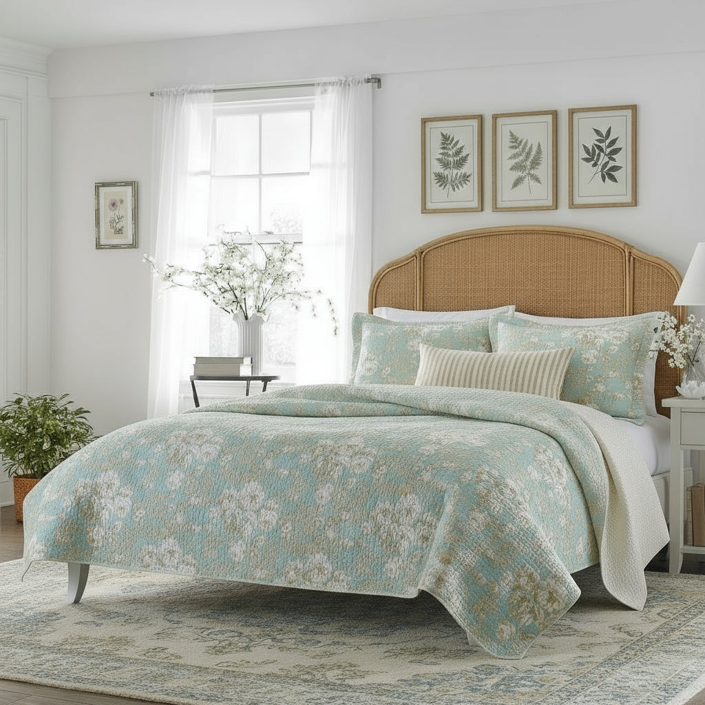 Full / Queen 3-Piece Cotton Quilt Set in Seafoam Blue Beige Floral Pattern-0