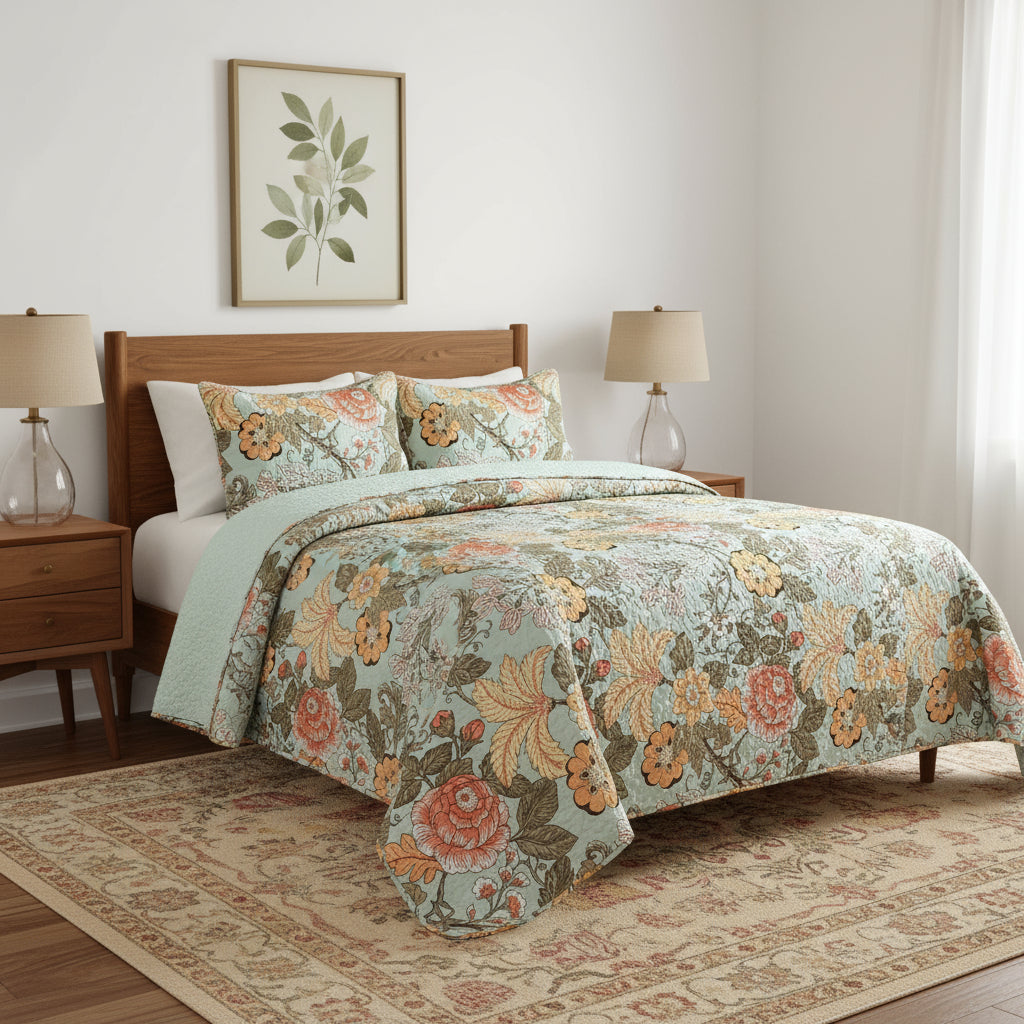 3 Piece FarmHouse Teal Floral Cotton Reversible Quilt Set, King-0