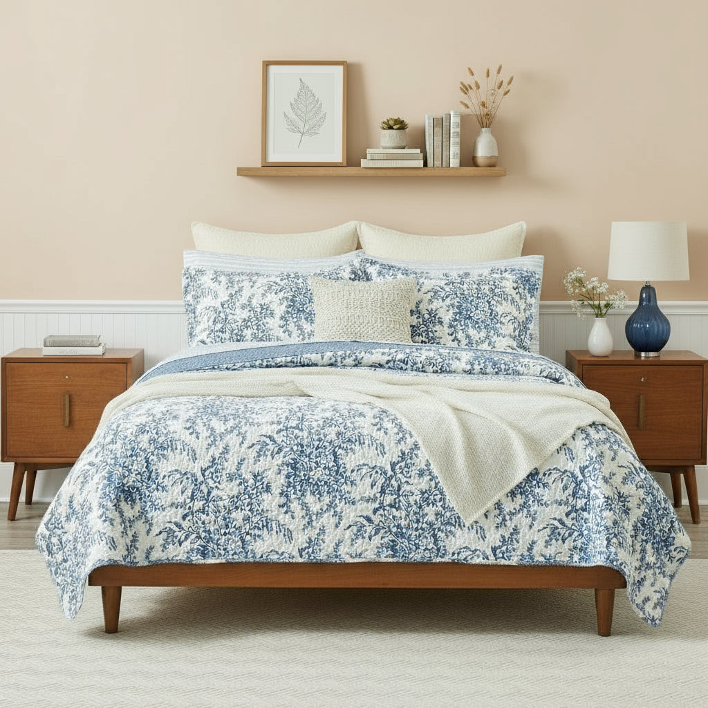 King size 3 Piece Bed-in-a-Bag Reversible Blue White Floral Cotton Quilt Set
