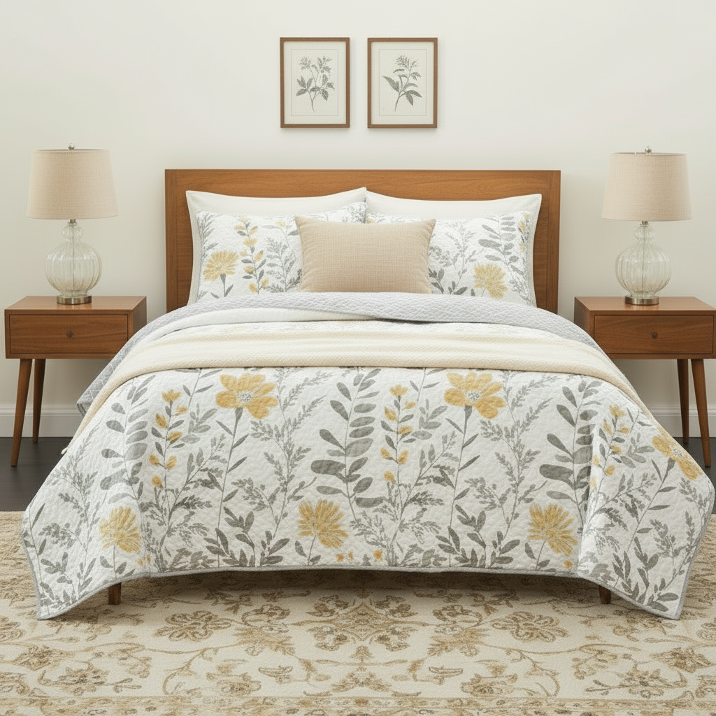 King size Yellow Grey Floral Light Thin Cotton Polyester Blend Quilt Set